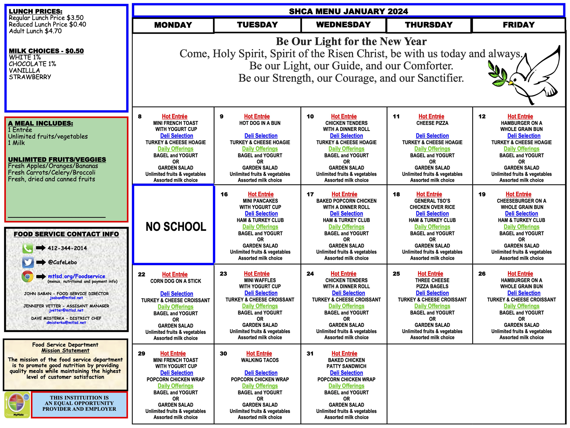 Calendar & Food Service South Hills Catholic Academy